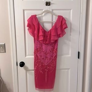 Sue Wong pink size 6 dress with detailed sheer overlay and ruffle neckline